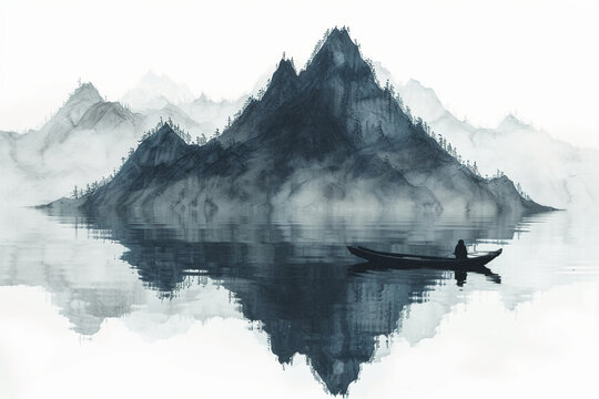 Minimalism, large areas of blank space, mountain shape, material of yarn, low angle perspective, perspective aesthetics, a minimalist painting from ancient China, a small and lonely boat, transparent 