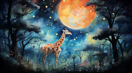 Artistic depiction of a giraffe under a starry, moonlit night