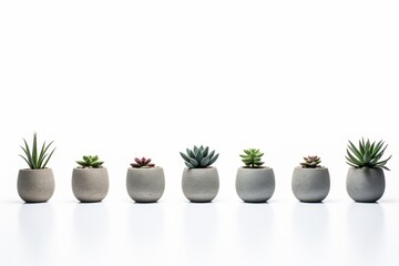 Modern geometric concrete planters with row of little succulent plants on white background