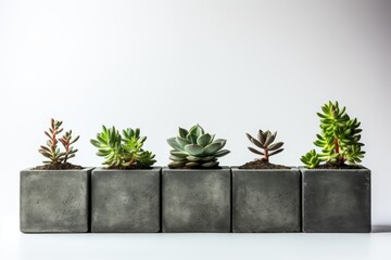 Set of mini succulents in contemporary concrete planters, isolated on white with room for text