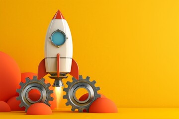 Rocket and gears on yellow background