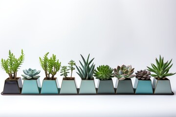 Assorted succulents in geometric concrete planters, isolated on white with copy space