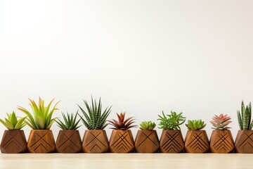 Succulent plants in modern geometric concrete planters on white background with copy space