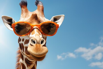 giraffe in sunglasses on bright background