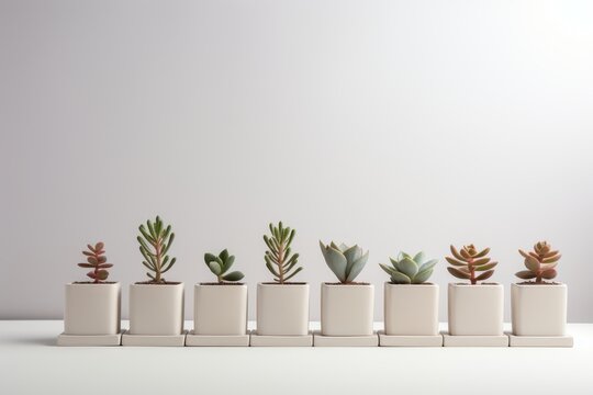 Modern geometric concrete planters with little succulent plants isolated on white background