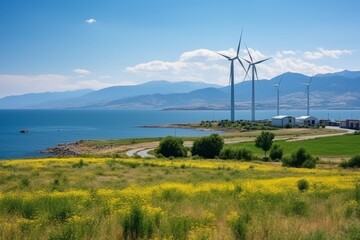 Eco-friendly energy. wind turbines on serene coastal hills with mesmerizing sea views
