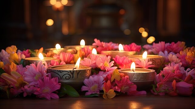 candles and flowers decoration for diwali