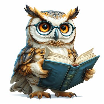 An 3D cartoon owl wearing glasses with a book and a simple background. 