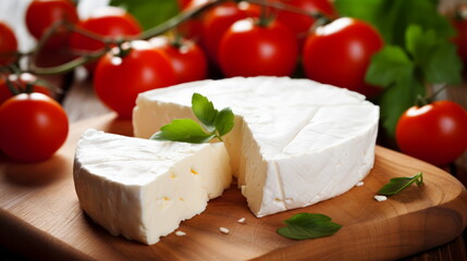 A wedge of creamy brie cheese, adorned with fresh basil leaves, sits on a wooden cutting board beside ripe, red tomatoes