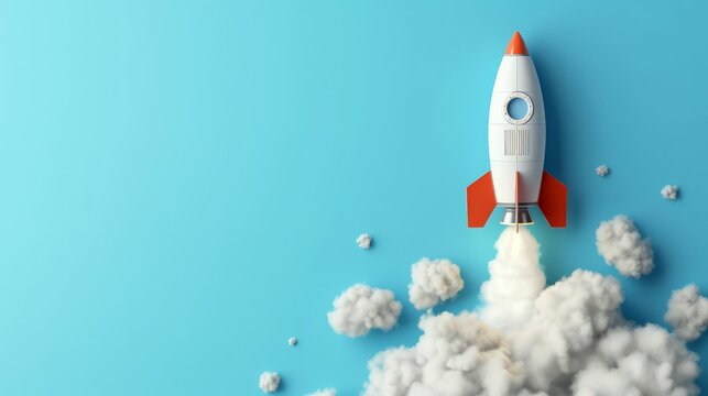 Rocket taking off releasing smoke on blue background, startup concept