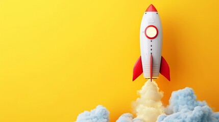 Rocket taking off releasing smoke on yellow background, startup concept