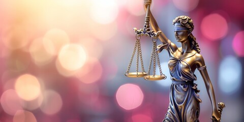 Statue of Lady Justice with scales, Statue of Themis in background with bokeh effect