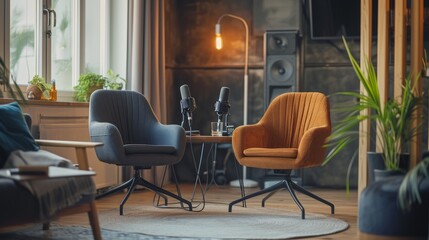 Interview and podcast room with two armchairs, table, microphone and lamps, Modern interview studio