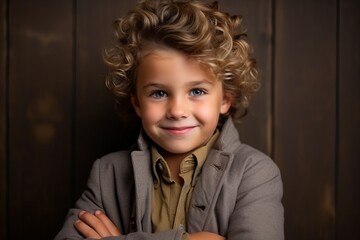 Portrait of a cute little boy with curly hair against a wooden background