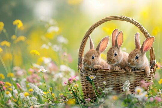 Three rabbits in a basket on wildflowers meadow. Easter Theme