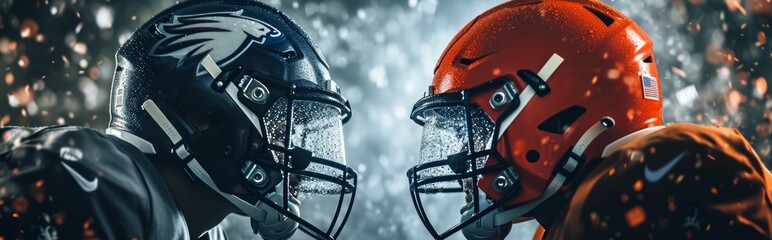 American football banner - illustration with two versus american football helmets. - obrazy, fototapety, plakaty