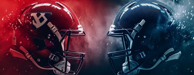 American football banner - illustration with two versus american football helmets. red vs blue