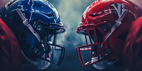 American football banner - illustration with two versus american football helmets. red vs blue - obrazy, fototapety, plakaty