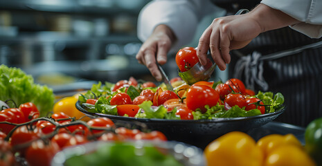 professional chef cooking salads in gourmet restaurant