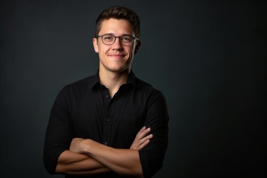 Portrait of a handsome young man in black shirt and glasses.