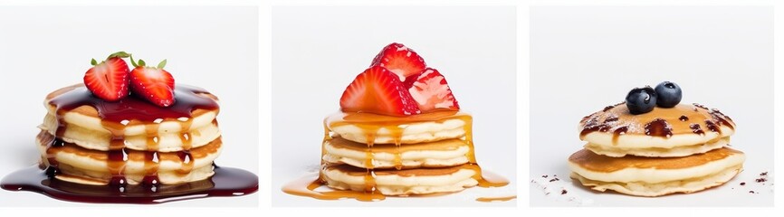 Stack of small pancakes in syrup and fruit on top on a white background