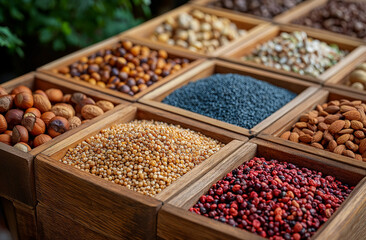 Nuts and seeds can be used in the market and arranged in wooden stands.