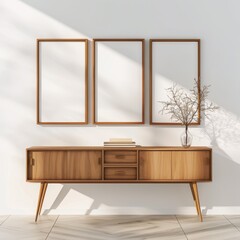 An interior wall with a wooden table and three empty picture frames mock up. 