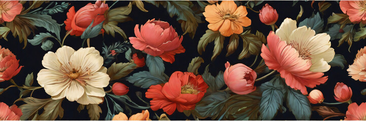 floral pattern dark background. Blooming roses petals leaves interspersed. Intricate design full elegance beauty. Artistry depicted in nature's colors