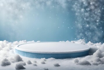 Winter Podium for Product Advertising and Presentation.  White and blue podium in snow landscape with light blue snowing background 