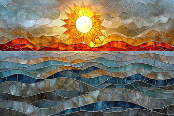 sea and sun on a background of waves, in the style of stained-glass, light gold and gray