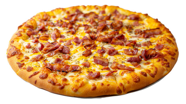 Golden Cheesy Pizza with Diced Bacon on a White Background