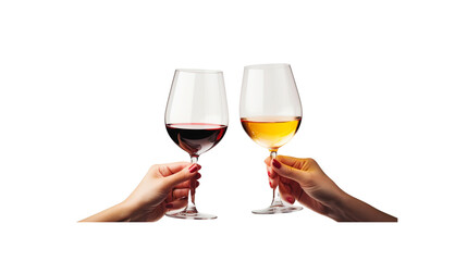 Close-up of two women raising wine glasses, clinking each other.