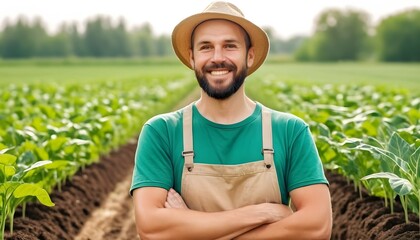 Farming, spade and portrait of man or farmer in agriculture, sustainable garden or small business owner in field. Farm, land and face of happy person with plants, eco friendly and agro sustainability