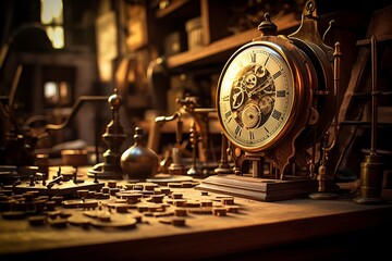 Tools and clockwork details, clock mechanisms disassembled for repair