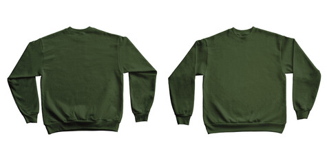 Blank Long Sleeve Sweatshirt Crewneck Color Forest Green Template Mockup Front and Back View on Transparent Background