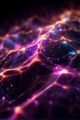 暗い背景にネットワーク内を流れる輝く粒子データ、ネットワーク｜Glowing particle data flowing in the network on a dark background.network. Generative AI