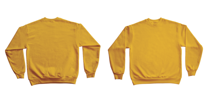 Blank Long Sleeve Sweatshirt Crewneck Color Gold Template Mockup Front and Back View on Transparent Background