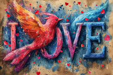 This beautiful and vibrant Valentine's Day drawing features made out of scattered colorful powder against a graphite background. The word "LOVE" is written in an elegant font next to the Cupid, adding