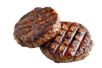 Two grilled burger patties with sear marks isolated on transparent or white background, png