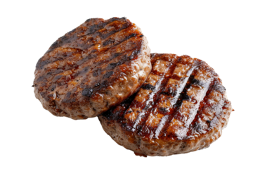 Two grilled burger patties with sear marks isolated on transparent or white background, png
