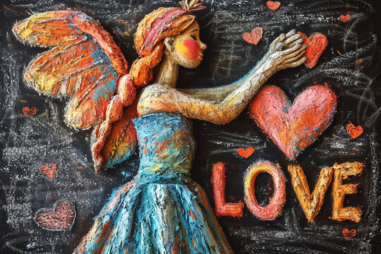 This beautiful and vibrant Valentine's Day drawing features made out of scattered colorful powder against a graphite background. The word "LOVE" is written in an elegant font next to the Cupid, adding