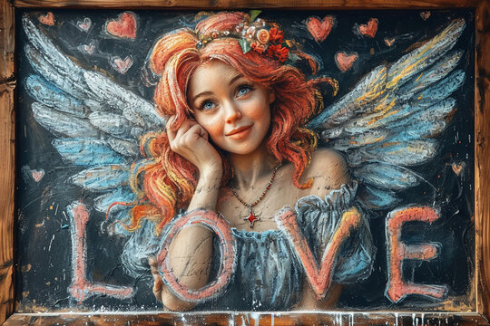 This beautiful and vibrant Valentine's Day drawing features made out of scattered colorful powder against a graphite background. The word "LOVE" is written in an elegant font next to the Cupid, adding