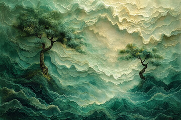 weaving art, fiber art, gauzy fabrics, layered fibers, gauzy fabrics, ethereal abstraction, clouds and trees, surreal, Asian paintings, deep emeralds and aquamarines, atmospheric clouds