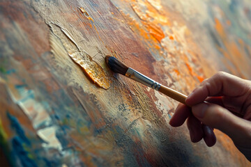 Close-up of a painter's hand with a brush applying oil paint on canvas.