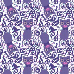 Fototapeta premium Cartoon Halloween animals seamless cats pattern for wrapping paper and fabrics and kids and party accessories