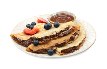 Tasty crepes with chocolate paste and berries isolated on white