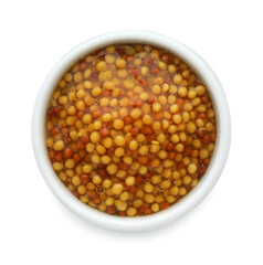 Fresh whole grain mustard isolated on white, top view