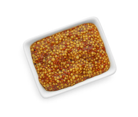 Fresh whole grain mustard isolated on white, top view