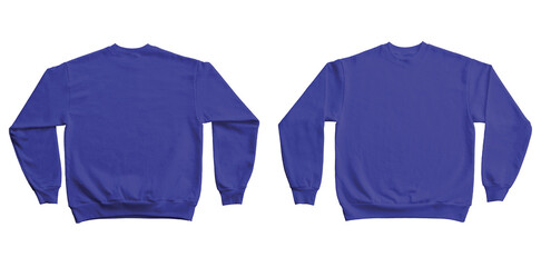 Blank Long Sleeve Sweatshirt Crewneck Color Royal Blue Template Mockup Front and Back View on Transparent Background