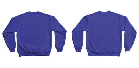 Blank Long Sleeve Sweatshirt Crewneck Color Royal Blue Template Mockup Front and Back View on Transparent Background